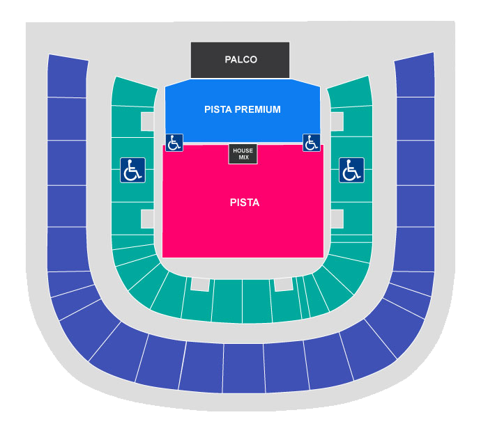 Mapa de setores com a pista premium em frente ao palco e a comum logo atrás. Cadeiras no térreo em torno das pistas e cadeiras superiores, mais distantes, em torno de tudo. Rampas entre as pistas e nas cadeiras no térreo.